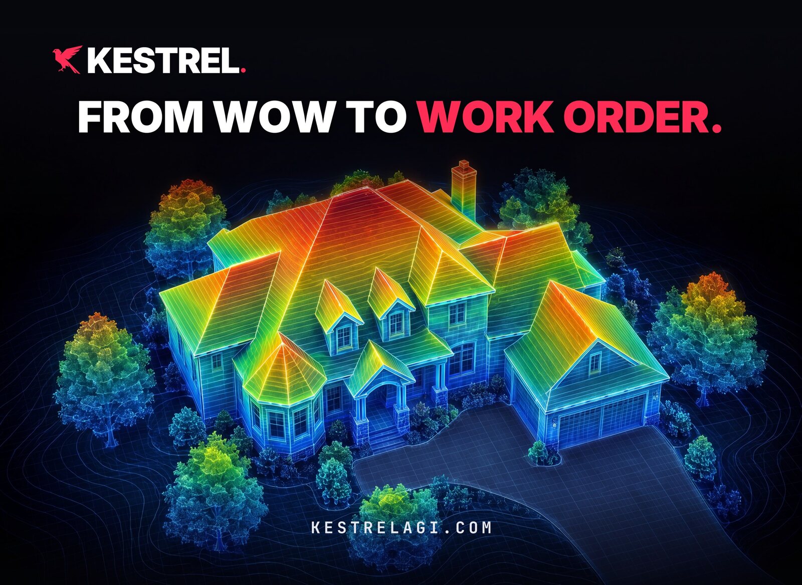 The Kestrel booth wall: a house rendered as a height map under the line From wow to work order